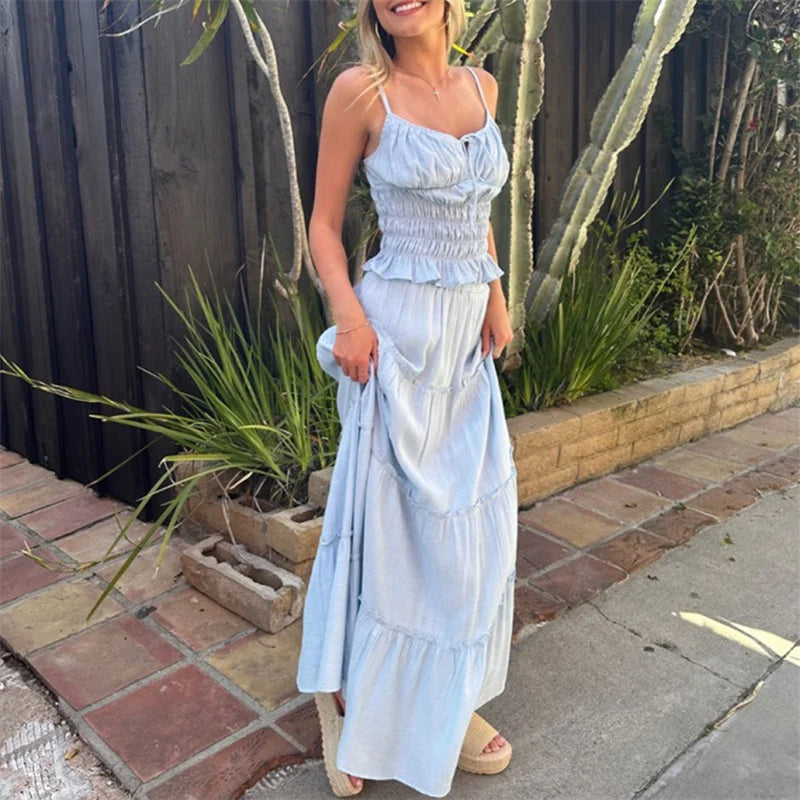 LIZAKOSHT  -  2 Piece Set Women Outfit Sexy Solid Color Tie Up Front Sleeveless Crop Tops and Long Skirts 2000s Clothing Streetwear