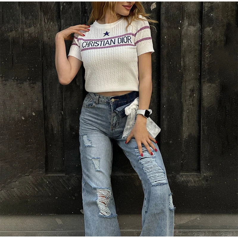 LIZAKOSHT  -  Y2k Bow Lace Ripped Holes Woman's Denim Pants Baggy Wide Leg Jeans Dragging Hollow Out Fashion Chic Casual High Street Pants
