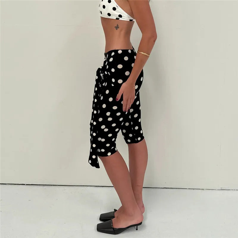 LIZAKOSHT  -  Fashion Low Waist Tie-up Polka Dots Print Slim Short Pants Women Knee Length Capris Summer Casual Trouser Bottom Y2K Streetwear