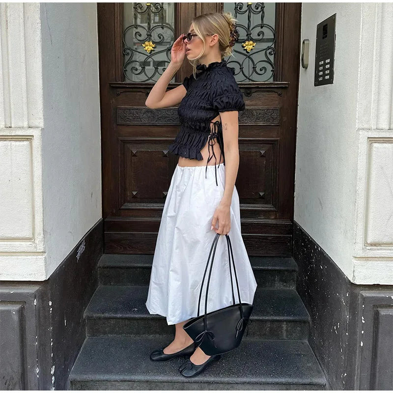 LIZAKOSHT  -  Elegant Pleated Lace Up Top Women Hallow Out Solid Short Sleeve High Neck Shirts Female Spring summer Versatile Street Tops