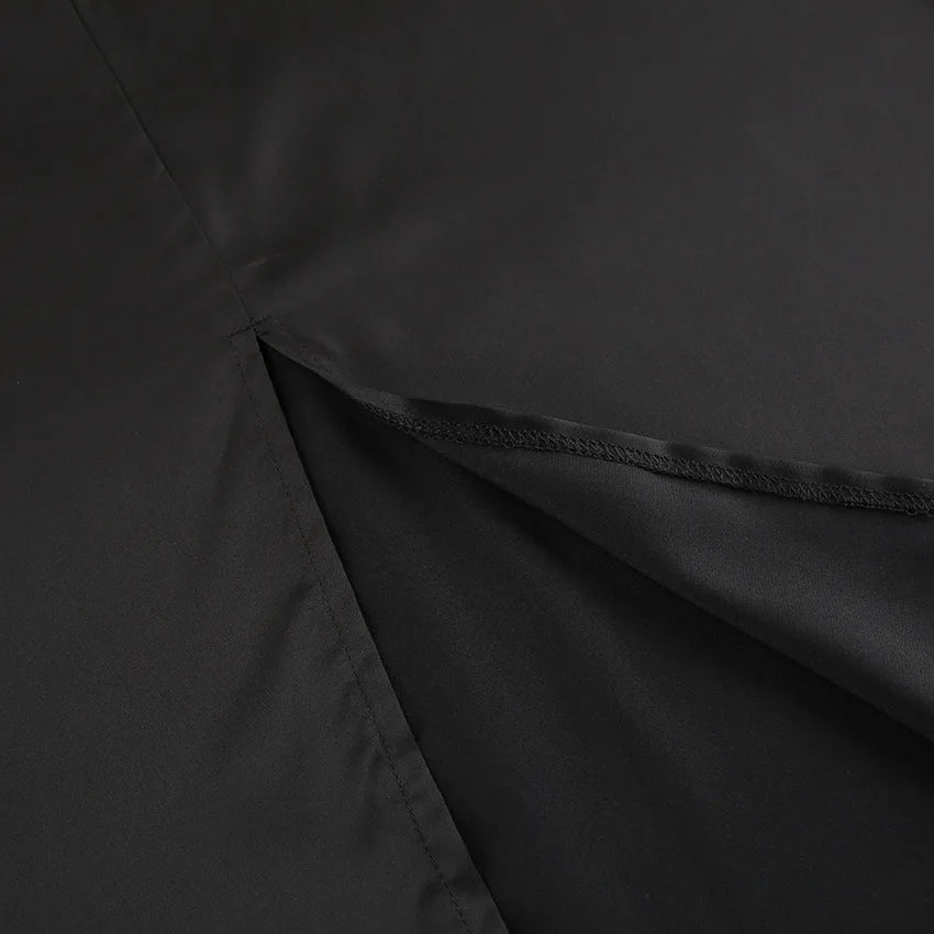 LIZAKOSHT  -  Black Satin Slit Neck Sleeveless Dress Matte Soft Bodycon Long Dress, Off Shoulder Zipper Tie Belt Elegant Party Gown