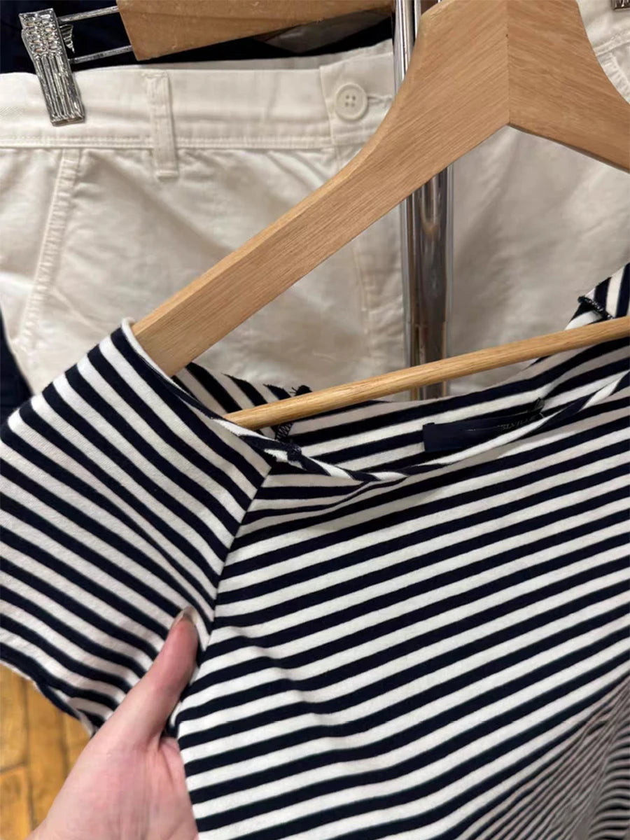 LIZAKOSHT  -  Navy Striped Slash Neck Slim T-Shirt Women New Raw Hem Short Sleeve Cotton Tees Summer Y2k Streetwear Vintage Tshirt Y2k Tops