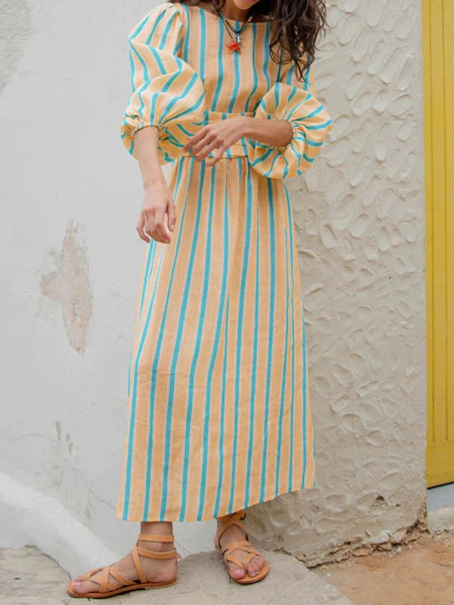 LIZAKOSHT  -  Women Fashion Midi Dress Vintage Striped Print Contrasting Lantern Sleeve Backless Tie-up Waist A-Line Dress Casual Streetwear