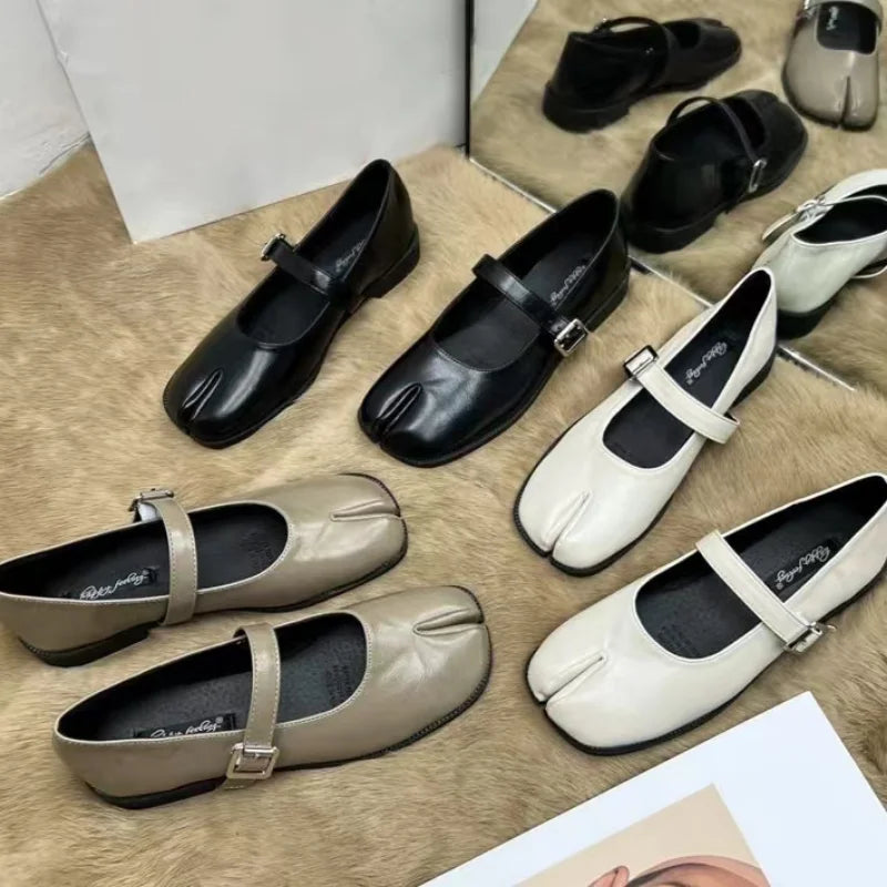 LIZAKOSHT  -  New Mary Jane Women Flat Split Toe Shoes, Microfiber Leather Comfortable  Slip-on  Sandals, Woman Soft Soled Loafers Shoes