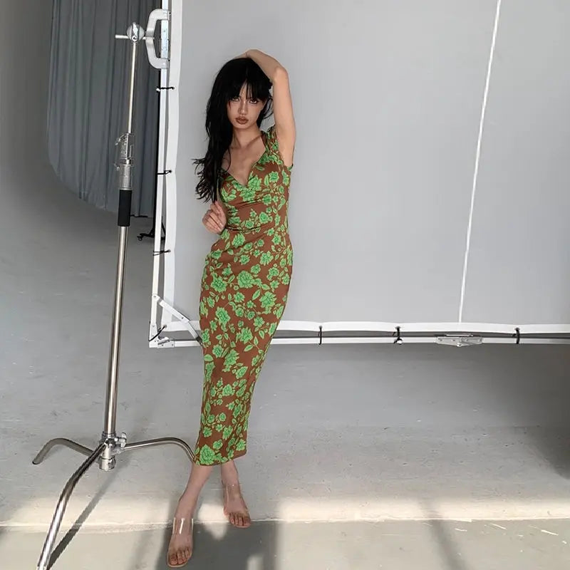 LIZAKOSHT  -  Sexy Elegant Girl Deep V-neck Fishtail Style Printed Dress Long Dress New Summer