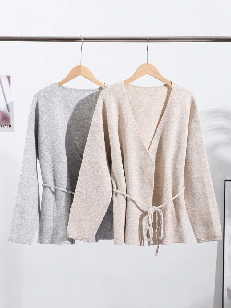 LIZAKOSHT  -  Casual Knit Cardigan Women Loose V Neck Long Sleeves Lace Up Sweater Coats Female 2025 Autumn Winter Solid Soft Chic Knitwears
