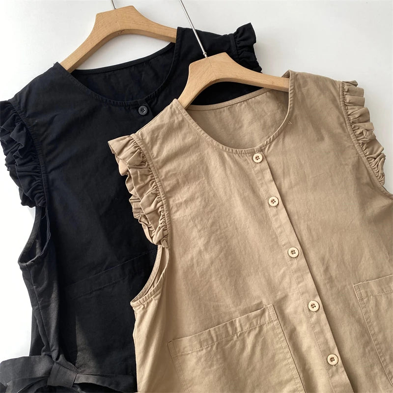 LIZAKOSHT  -  Gril Tie Wood Ear Side Cotton Waistcoat Side Bow Lace-Up Large Pocket Cardigan Coat Loose All-Matching Vest Woman