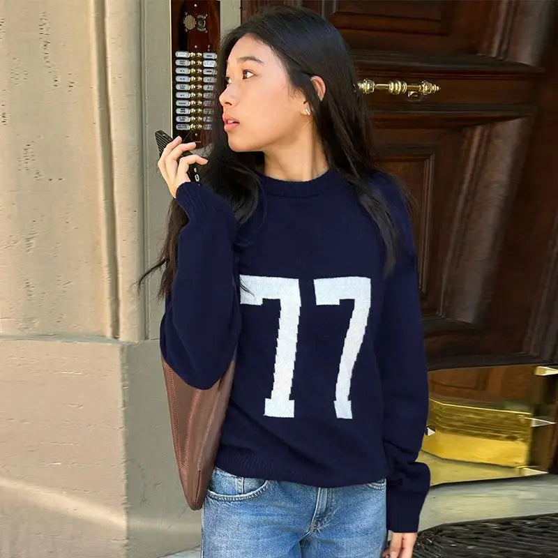 LIZAKOSHT  -  Pullover Knitted Sweater Contrasting Color Digital Print Round Neck American Basic Slim  Hot Girl Sweater Autumn Winter