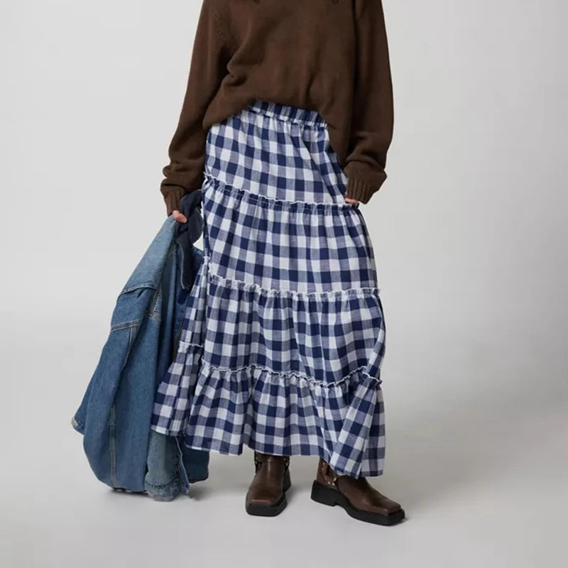 LIZAKOSHT  -  Y2k Women Gingham Tiered Maxi Skirts A Line Ruffle Plaid Midi Skirt Summer Beach Casual Loose Flowy Long Skirt