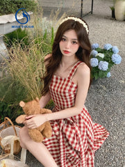 LIZAKOSHT  -  French Sweet Plaid Dress Fashion Chic and Elegant Strap Mini Dress Birthday Even Party Korean Style Dress for Women Summer