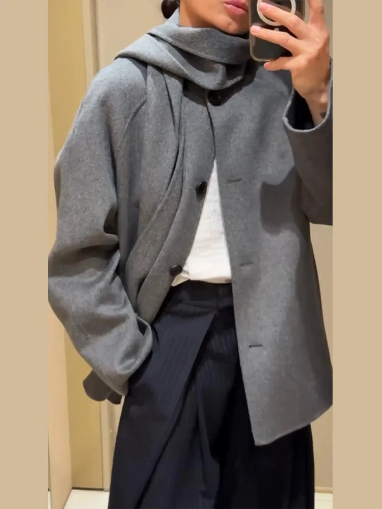LIZAKOSHT  -  Solid Wool Cape Style Coat Women Scarf Detail Button Front Full Sleeve Loose Jacket 2025 Autumn Elegant Female Casual Outerwear