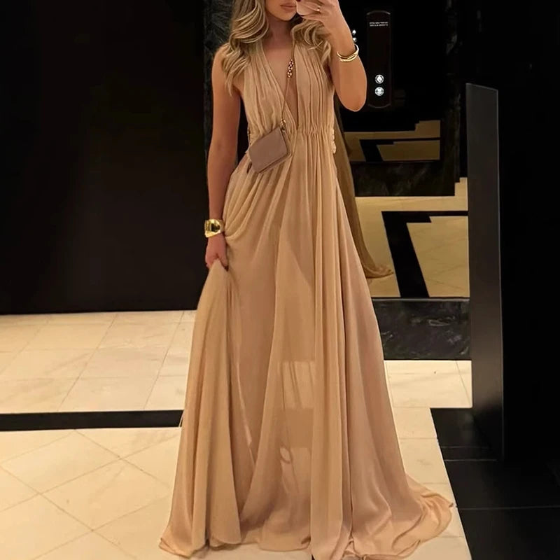 LIZAKOSHT  -  Elegant V Neck Mesh Backless Evening Dress Fashion Full Length Gala Party Dress Vestidos Luxury Women High Waist Evening Dress