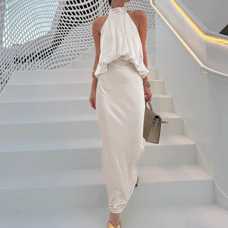 LIZAKOSHT  -  Elegant Solid Off Shoulder Patchwork Dress Luxury Satin Sleeveless A-List Dress Sexy Hang Neck High Waist Office Commuting Dress
