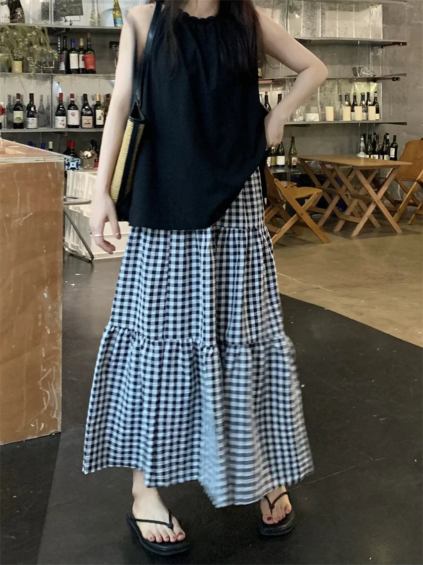 LIZAKOSHT  -  Hot Sale Summer Long Skirts Women Plaid Loose Chic New Summer All Match Fashion 2024 Mujer Slim Gentle Vacation