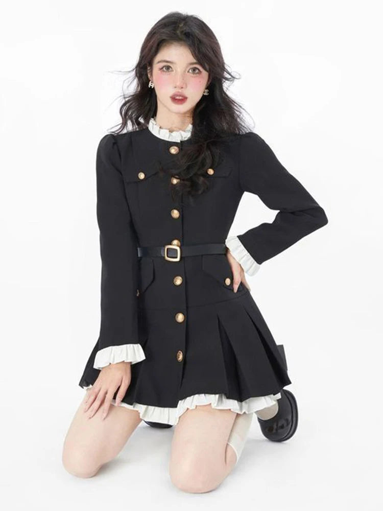 LIZAKOSHT  -  French Fashion Mini Dress Women Small Fragrance Long Sleeve Button Patchwork Suit Dresses Sweet Belt Slim O Neck Chic Vestidos