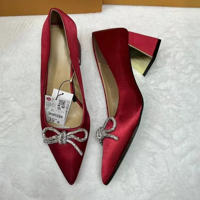 LIZAKOSHT  -  Chunky High Heels Women Shoes Autumn New Luxury Rhinestones Bowknot Pointed Toe Bling Crystals Elegant Ladies Pumps