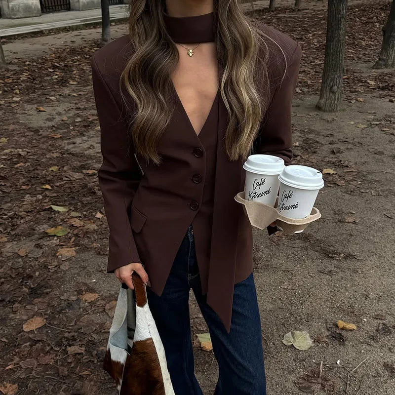 LIZAKOSHT  -  Single Breasted Coat Women's V Neck Scarf With Long Sleeve Waist-cinching Blazer Jacket Lady Casual Slim Commute Coat