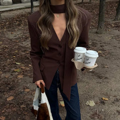 LIZAKOSHT  -  Single Breasted Coat Women's V Neck Scarf With Long Sleeve Waist-cinching Blazer Jacket Lady Casual Slim Commute Coat