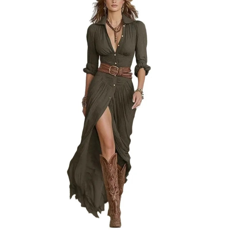 LIZAKOSHT  -  Women's Fall 2026 Sexy Solid Color Irregular Pleated Belted Dress