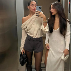 LIZAKOSHT  -  Sexy Elegant Irregular Oblique-neck Rose Flower Applique T Shirt Summer Off Shoulder Long Sleeve Crop Tops Street Mesh Tees
