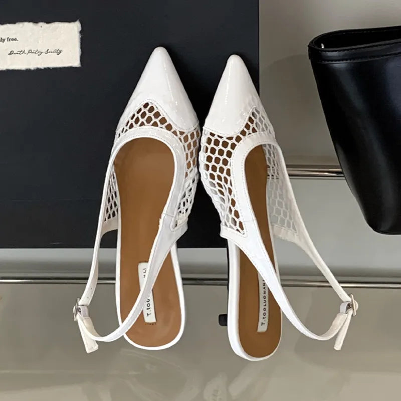 LIZAKOSHT  -  Mesh Low Heeled Sandals Sexy Pointed Toe Elegant Mule Shoes Summer Fashion Party Dress Shoes Pumps for Ladies  Designer Sandals