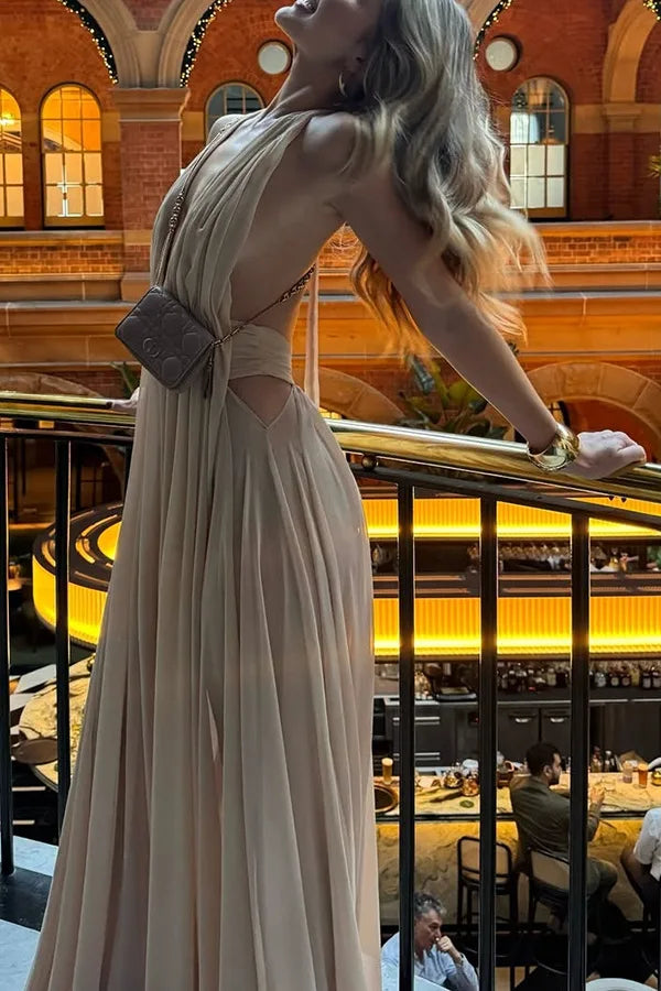 LIZAKOSHT  -  New Summer Deep V-neck Long Evening Dress with Folded Hanging Neck and backless Dress