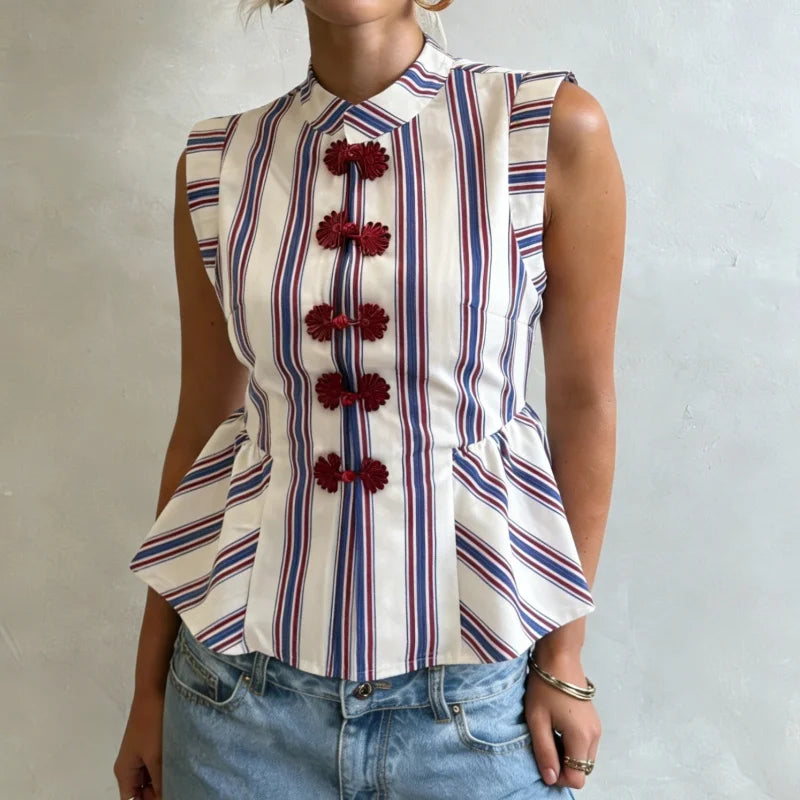 LIZAKOSHT  -  Striped Mandarin Collar Frog Button Ruffle Trim Top Striped Single‑breasted Summer Women Blouse Versatile Casual Lady Office Top