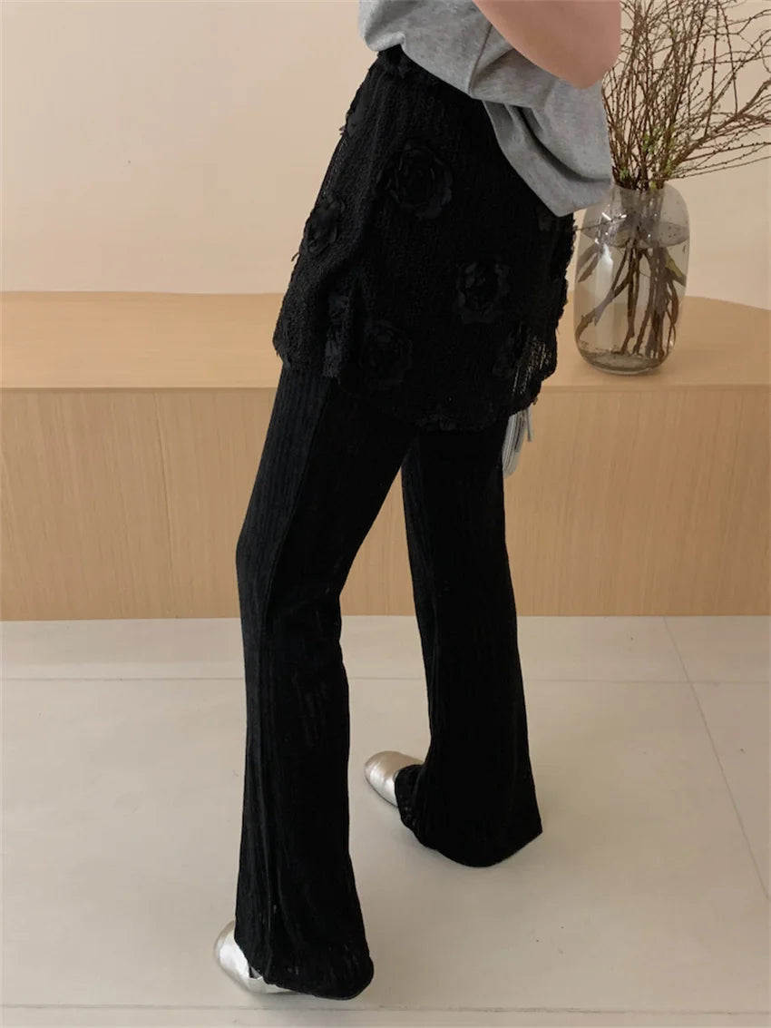 LIZAKOSHT  -  New Slim Flare Fake Two Piece Trousers Women Loose Wide Leg All Match High Street Summer Chic Pants Florals Casual