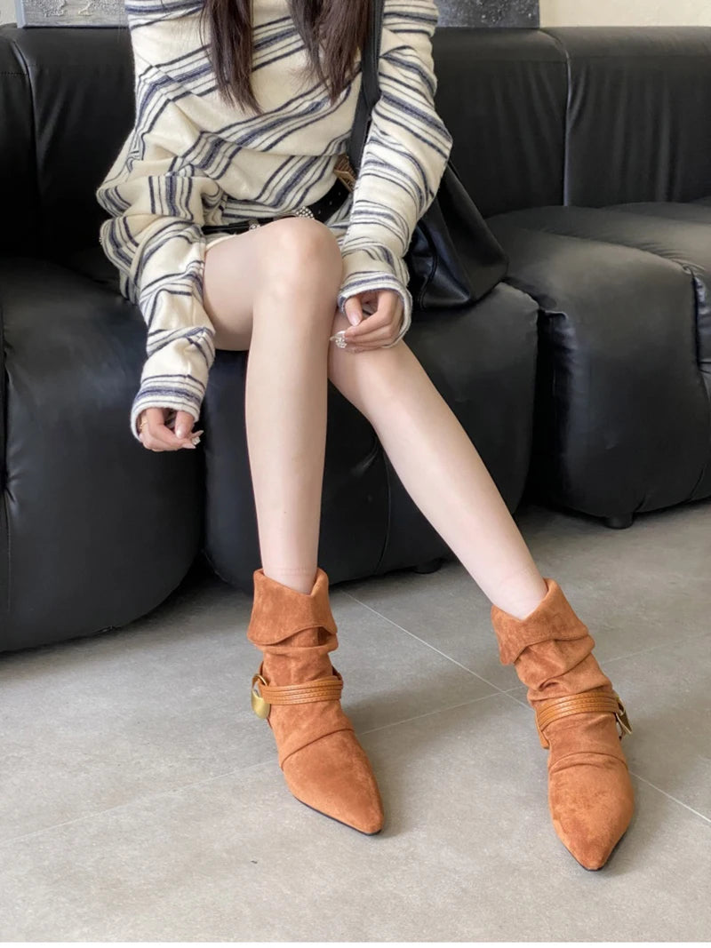 LIZAKOSHT  -  Autumn Fashion Low Heel Ankle Boot Women Slip On Pointed Toe Shoes Mordern Short Booties Zapatos De Mujer