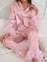 LIZAKOSHT  -  Summer Ice Silk Long Sleeve Pants Pajama Set New Feather Cardigan Pajamas Casual Women's Comfortable Home Clothes Set