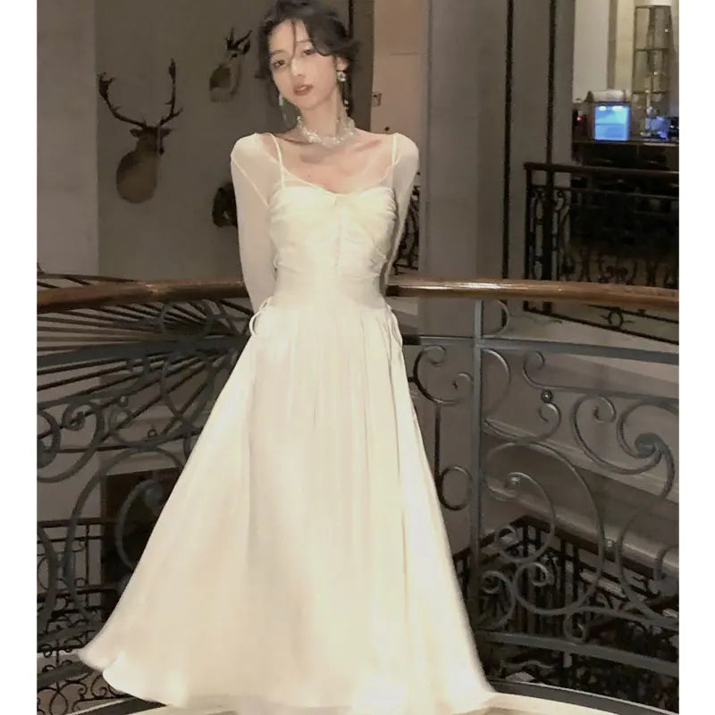 LIZAKOSHT  -  Vintage Spaghetti Strap Dress  Korean Elegant One Piece Dress Summer Fashion Evening Party Club Sleeveless Y2k Midi Dress White