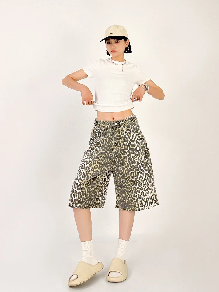 LIZAKOSHT  -  New Summer American Retro Leopard Pattern Jeans Women's Shorts Loose Versatile Straight Leg Denim Pants