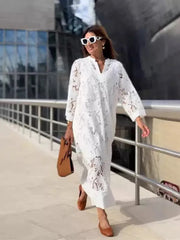 LIZAKOSHT  -  Solid Lace Hollow Out Women's Dress Elegant V-neck Patchwork Puff Sleeve Long Dressess Female Summer Fashion New Lady Robes