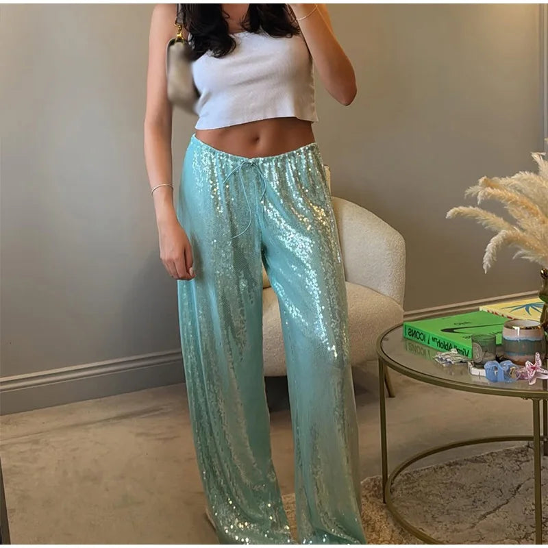 LIZAKOSHT  -  Chic Sequined Long Pants For Women High Waist  Lace Up Ankle-length Loose Trousers 2025 Spring Summer Fashion Female Y2k Pant