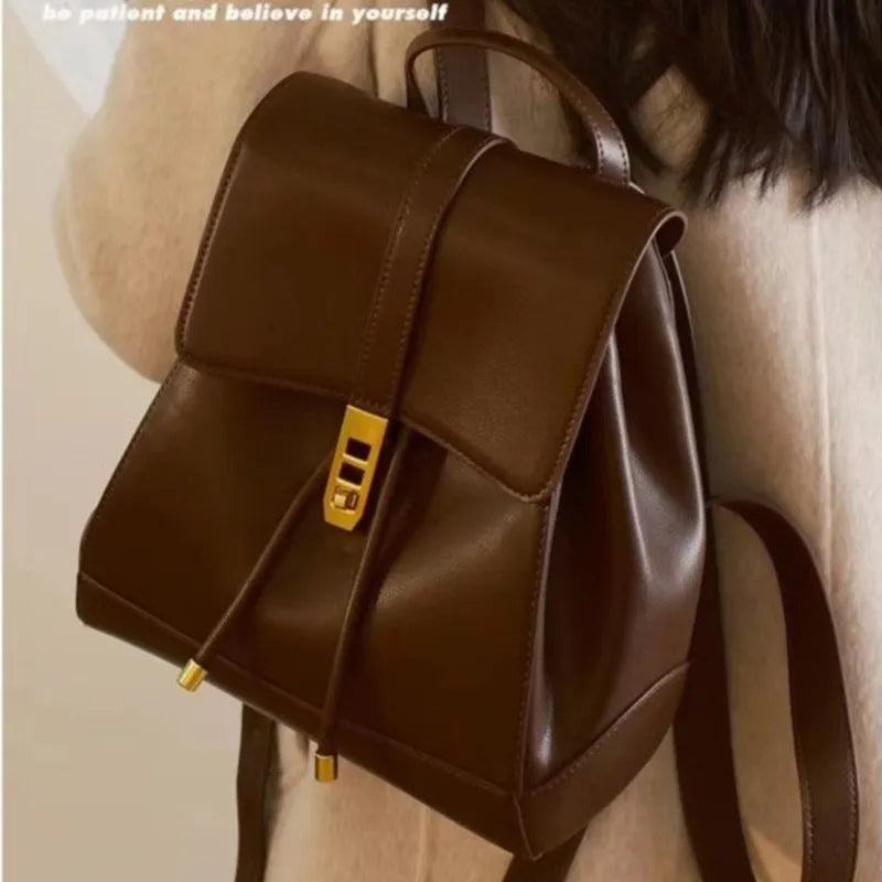 LIZAKOSHT  -  Retro Drawstring Backpack Women Solid Color Leather Large Capacity Fashion Premium Travel Bag Ladies Sle Casual Mochilas Mujer