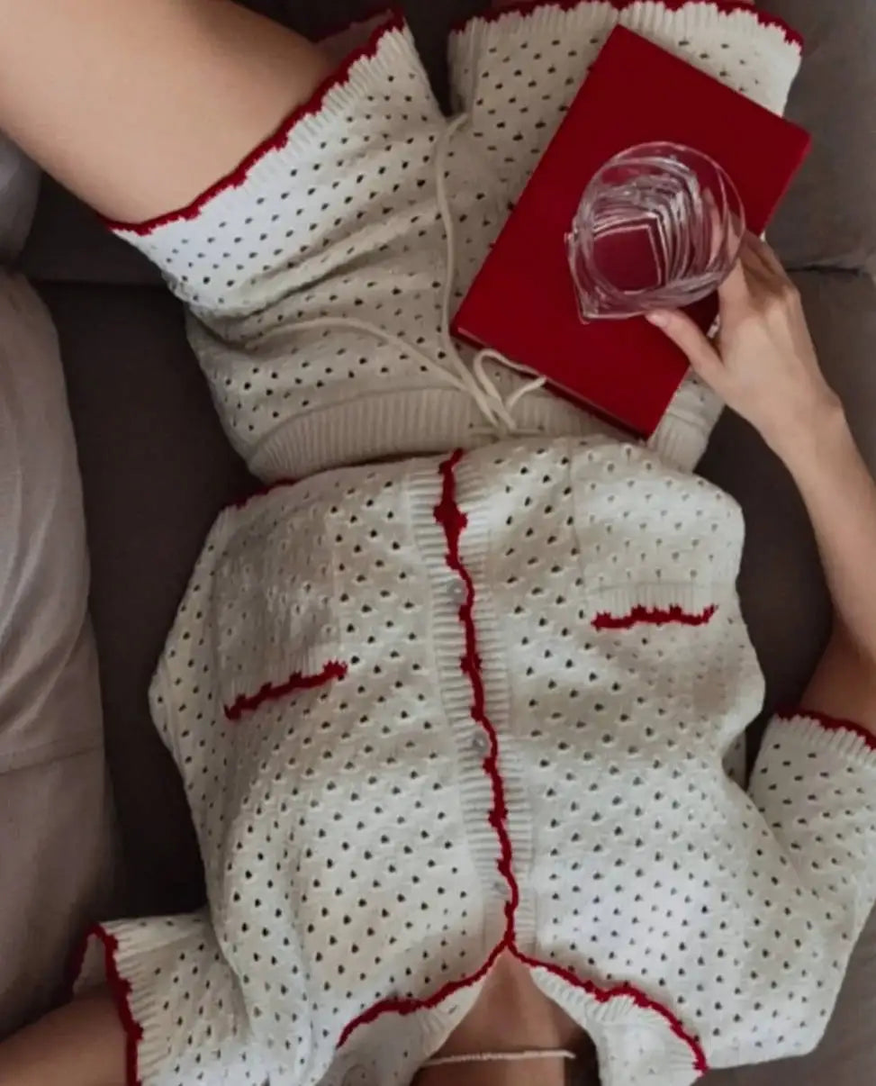 LIZAKOSHT  -  Knitted Shorts Set Fashion Casual Clashing Cardigan Top Lace Up Shorts Set Women  Vacation Sports Knitted Shorts Set