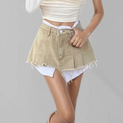 LIZAKOSHT  -  Trendy Women Denim Mini Skirt High Waist Fake Two Piece A Line Irregular Hem Autumn Fashion Skirt