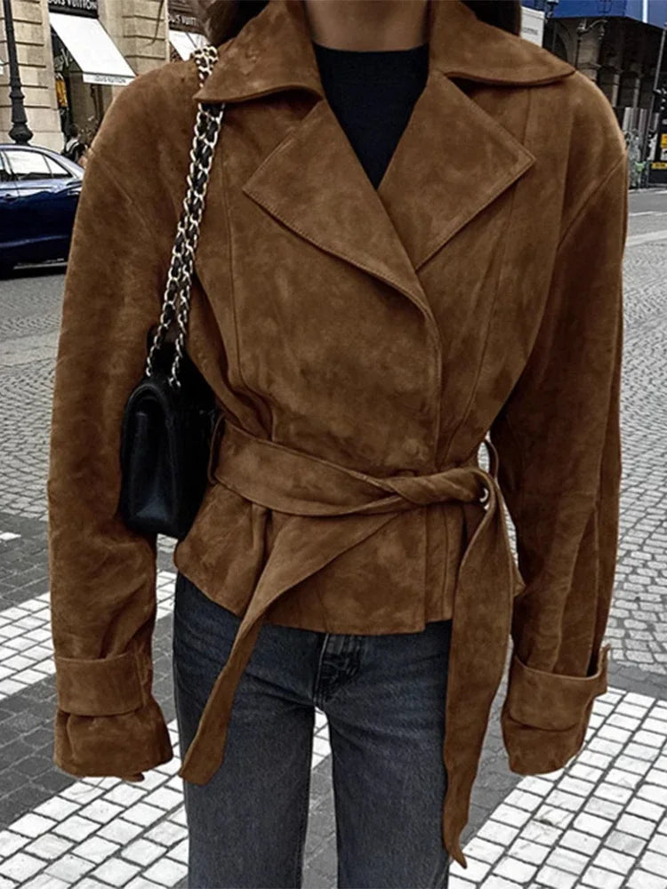 LIZAKOSHT  -  Retro Brown Lace Up Shorts Suede Jacket Elegant Female Lapel Long Sleeves Slim Coats Autumn Chic Lady High Street Outwear