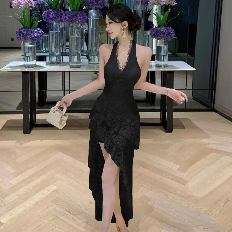 LIZAKOSHT  -  Dresses Women Elegant Sleeveless Lace Patchwork Irregular Slim Halter Backless Sexy Party Dress Sweet Clubwear Female