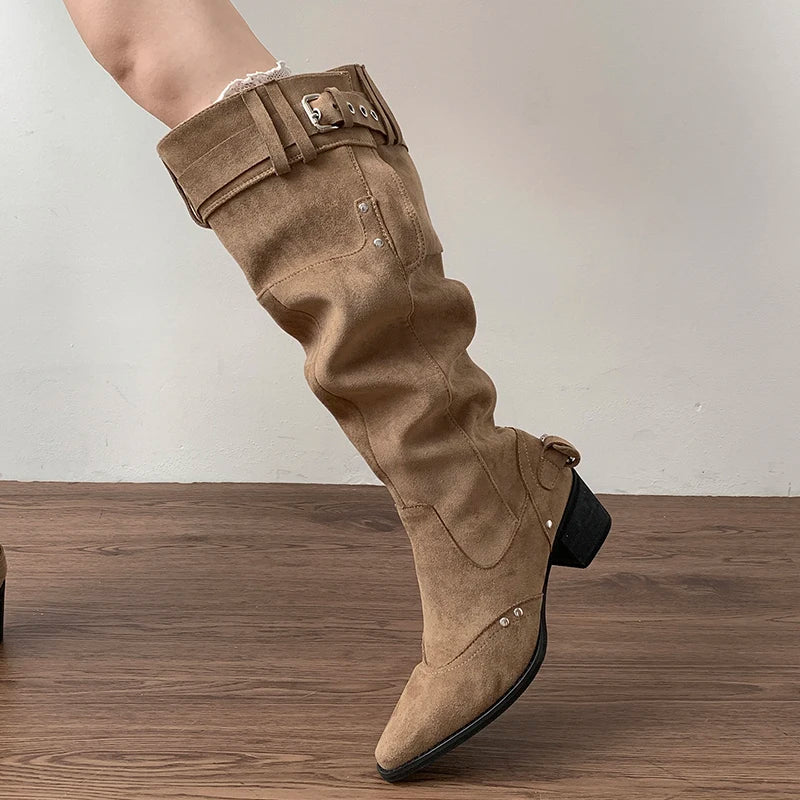LIZAKOSHT  -  Vintage Rivet Hottie Women Knee-High Boots Fashion Belt Buckle Female Pleated Knight Long Booties Shoes