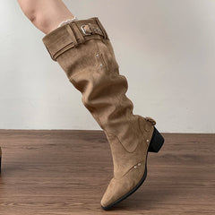 LIZAKOSHT  -  Vintage Rivet Hottie Women Knee-High Boots Fashion Belt Buckle Female Pleated Knight Long Booties Shoes