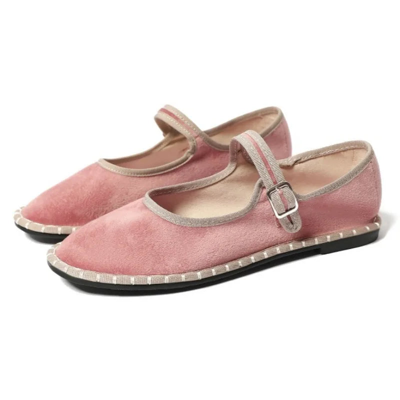 LIZAKOSHT  -  Velvet Round Toe Casual Flats Women Sewing Lightweight Brand Mary Jane Shoe Buckle Print Insole Comfort Retro Ballet Flats Women