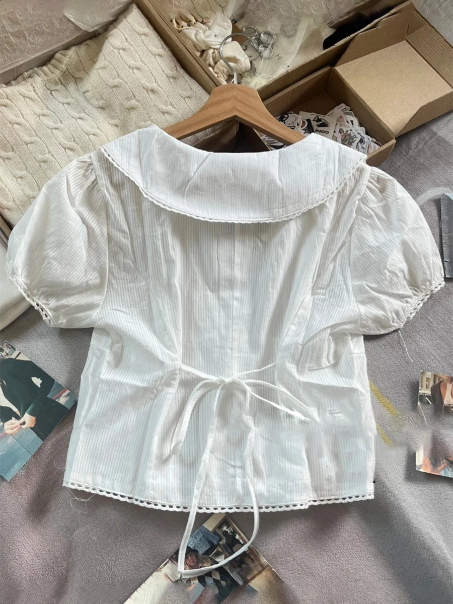 LIZAKOSHT  -  Lace Trim White Striped T-shirt Blouse Woman Summer Back Lace-up Short Puff Sleeve Shirt Vintage Sweet Slim Solid Crop Tops Y2k