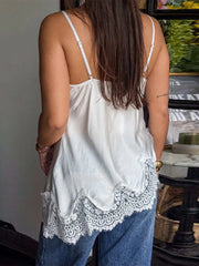 LIZAKOSHT  -  Sexy Satin Sling Tops Women V Neck Hollow Out Patchwork Lace Irregular Tank Top Female New Chic Solid Fashion Streetwears