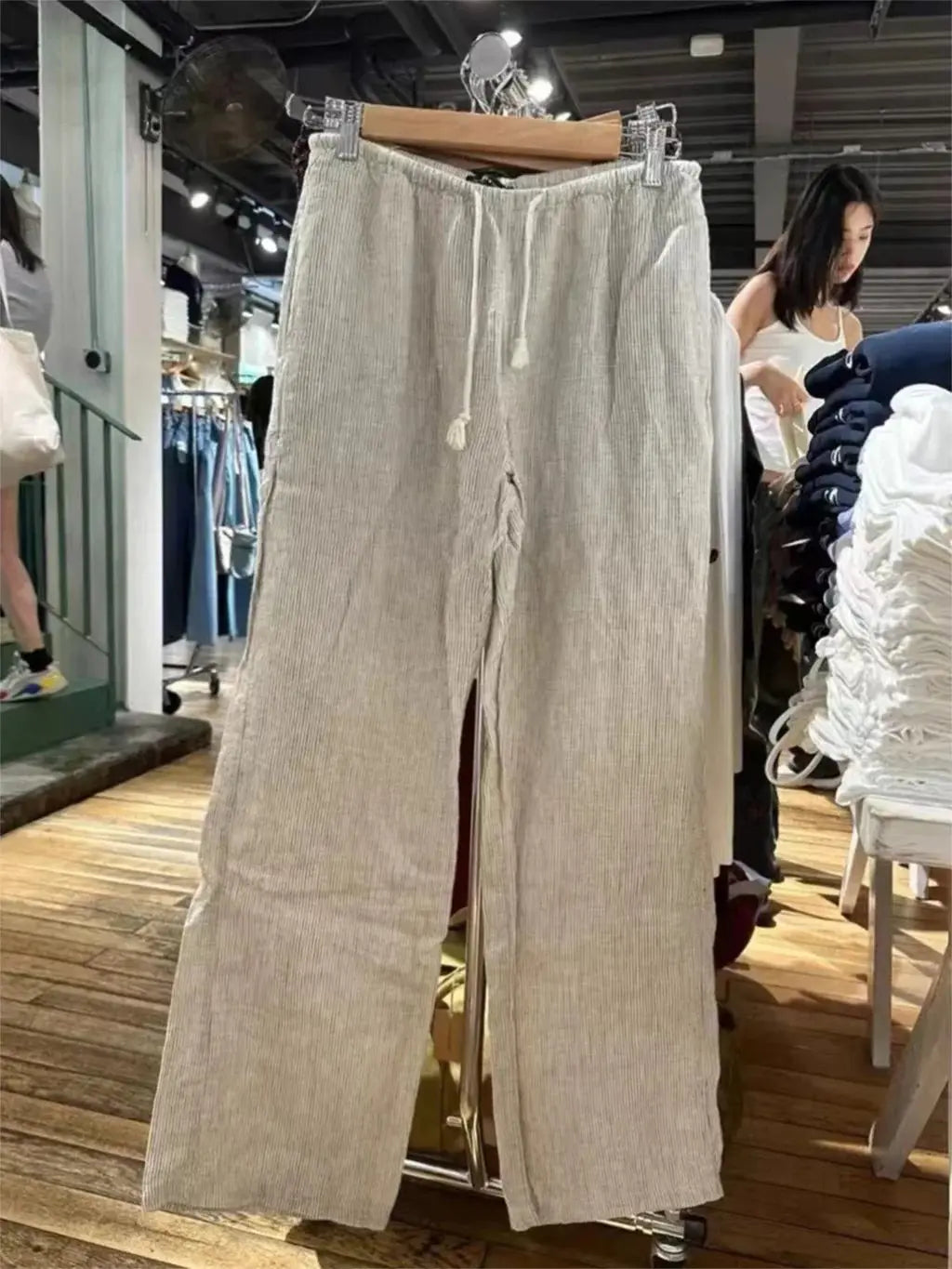 LIZAKOSHT  -  Pink Striped Drawstring Casual Pants Summer Elastic High Waist Cotton Thin Loose Trousers Women Casual Simple Sweet Home Pants