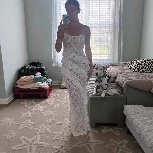 LIZAKOSHT  -  Design Sense Women's Popular Suspender Ruffle Dress, Backless Lace Sexy Hip Long Skirt