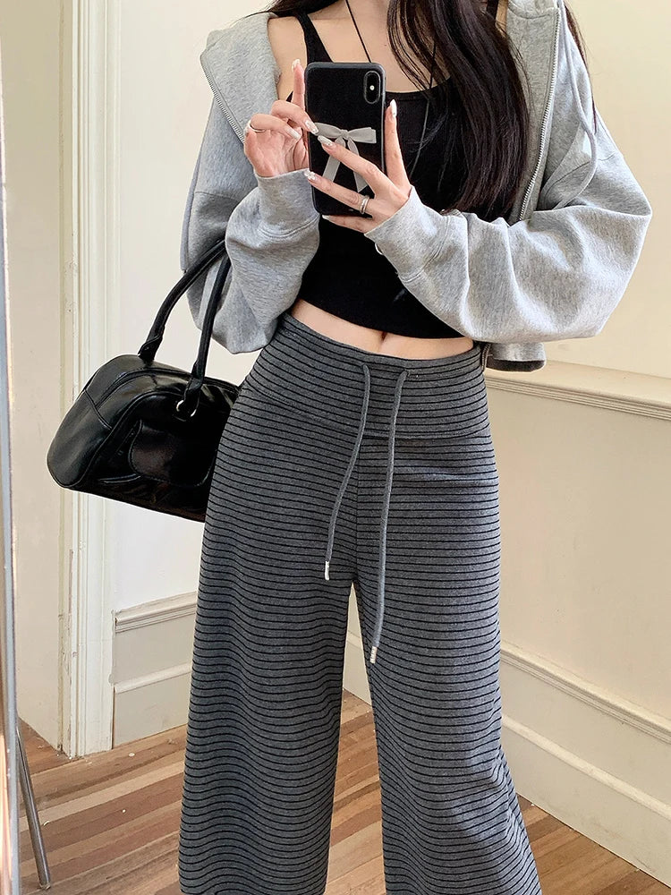 LIZAKOSHT  -  Harajuku Striped Women Pants Fall Winter Loose Casual Streetwear Wide Leg Trouser Female Retro Lace Up Straight High Waist Pants