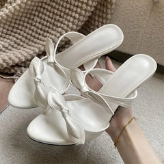 LIZAKOSHT  -  Fashion Women Pink Bow Knot High Heel Mules Open Toe Patent Leather Slip On Sandals Thin Heel Summer Party Dress Shoes