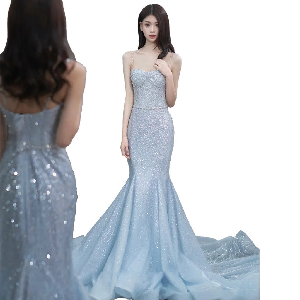 LIZAKOSHT -  Sky Blue Celebrity Dress Spaghetti Strap Woman Sequins Mermaid Chapel Train Beading Wedding Beach Party Evening Gowns For Bride