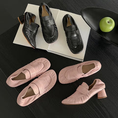 LIZAKOSHT  -  Fashion Loafers Women's New High Quality Genuine Soft Leather Shoes Round Head Ruched  High Heels Casual Shoes Women
